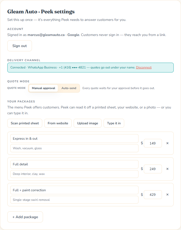 The Peek shop dashboard — account, connected WhatsApp Business channel, quote-mode toggle, and the shop's editable package menu.